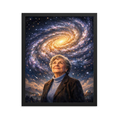 Vera Rubin beneath spiral galaxy curves framed print on a plain backdrop in size 16"x20".