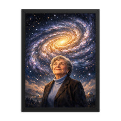 Vera Rubin beneath spiral galaxy curves framed print on a plain backdrop in size 18"x24".