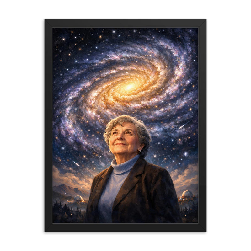 Vera Rubin beneath spiral galaxy curves framed print on a plain backdrop in size 18