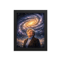 Vera Rubin beneath spiral galaxy curves framed print on a plain backdrop in size 8"x10".