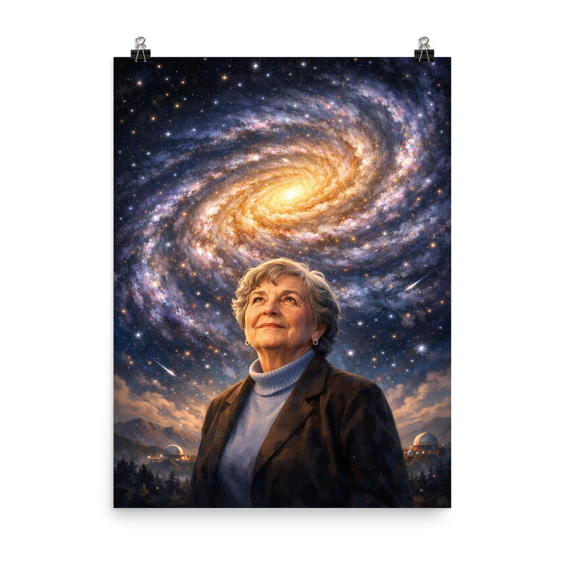 Vera Rubin beneath spiral galaxy curves poster on a plain backdrop in size 8