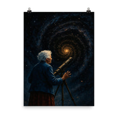 Vera Rubin confronting the dark matter galaxy poster on a plain backdrop in size 8"x10".