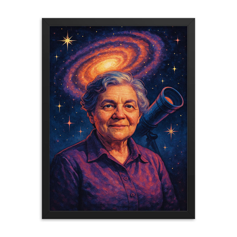 Vera Rubin framed print on a plain backdrop in size 18