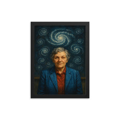 Vera Rubin under spiral galaxy chalk diagrams framed print on a plain backdrop in size 12"x16".