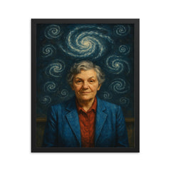 Vera Rubin under spiral galaxy chalk diagrams framed print on a plain backdrop in size 16"x20".