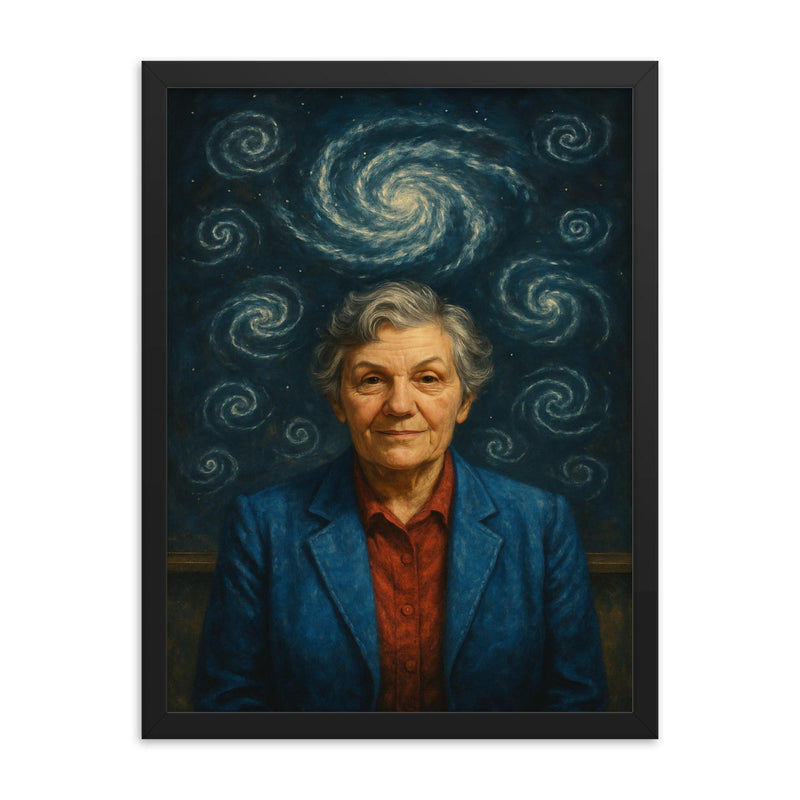 Vera Rubin under spiral galaxy chalk diagrams framed print on a plain backdrop in size 18