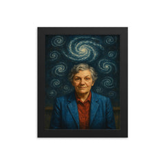 Vera Rubin under spiral galaxy chalk diagrams framed print on a plain backdrop in size 8"x10".