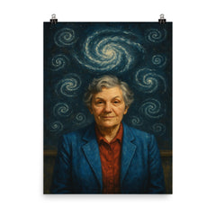Vera Rubin under spiral galaxy chalk diagrams poster on a plain backdrop in size 8"x10".