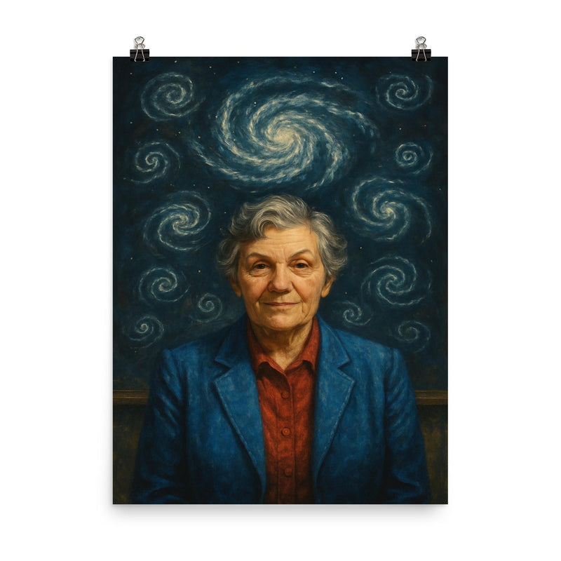 Vera Rubin under spiral galaxy chalk diagrams poster on a plain backdrop in size 8
