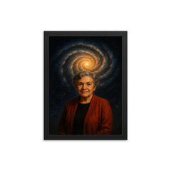 Vera Rubin under spiral galaxy halo framed print on a plain backdrop in size 12"x16".