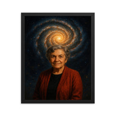 Vera Rubin under spiral galaxy halo framed print on a plain backdrop in size 16"x20".