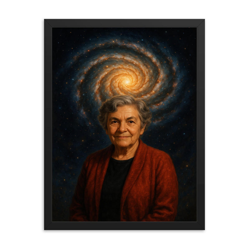 Vera Rubin under spiral galaxy halo framed print on a plain backdrop in size 18