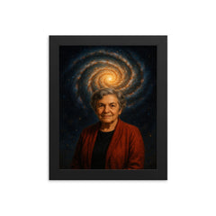 Vera Rubin under spiral galaxy halo framed print on a plain backdrop in size 8"x10".