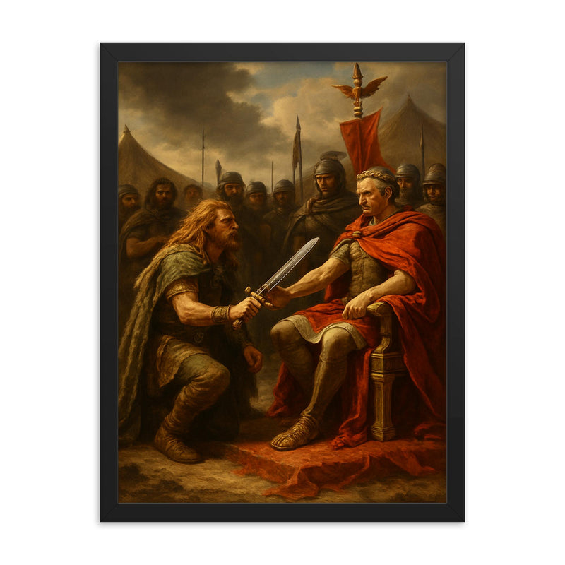 Vercingetorix surrender before Caesar framed print on a plain backdrop in size 18