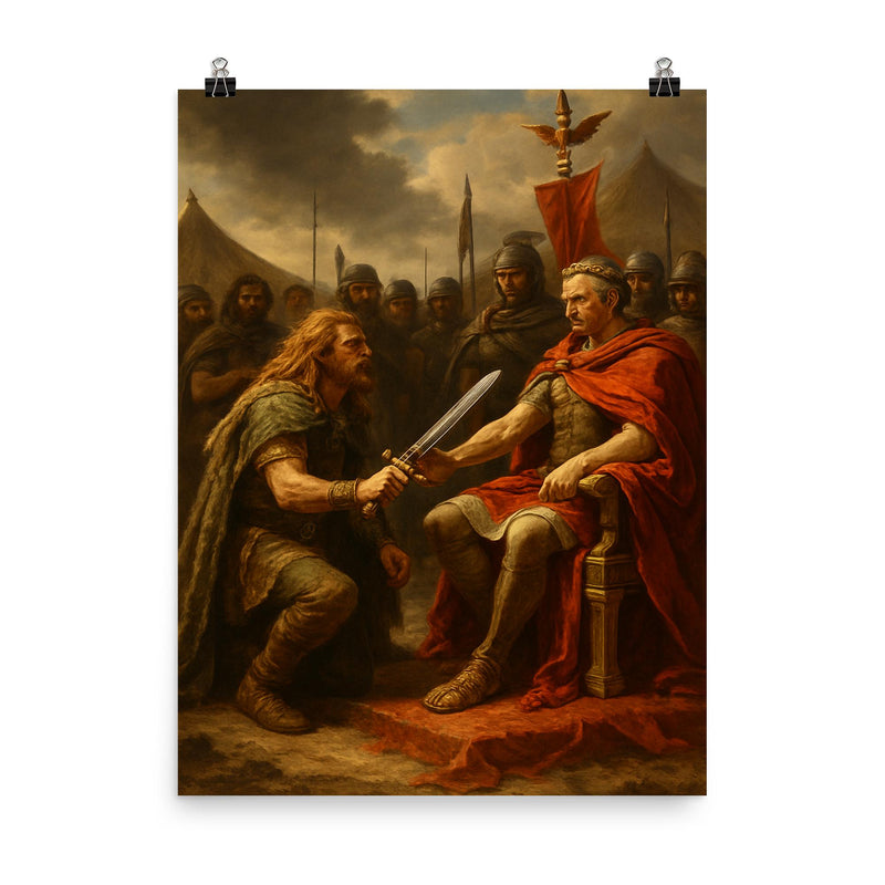 Vercingetorix surrender before Caesar poster on a plain backdrop in size 8