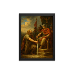 Vercingetorix surrendering arms before Caesar framed print on a plain backdrop in size 12"x16".