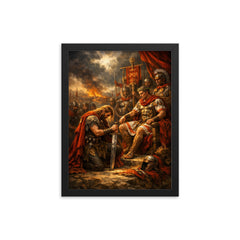 Vercingetorix surrendering arms before Caesar framed print on a plain backdrop in size 12"x16".