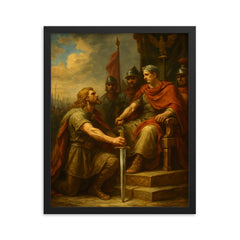 Vercingetorix surrendering arms before Caesar framed print on a plain backdrop in size 16"x20".