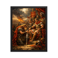 Vercingetorix surrendering arms before Caesar framed print on a plain backdrop in size 16"x20".