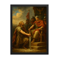 Vercingetorix surrendering arms before Caesar framed print on a plain backdrop in size 18"x24".