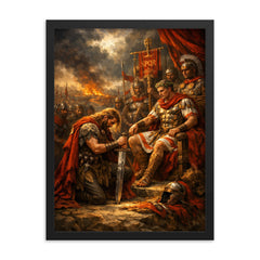 Vercingetorix surrendering arms before Caesar framed print on a plain backdrop in size 18"x24".