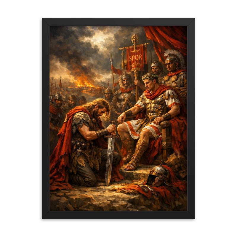 Vercingetorix surrendering arms before Caesar framed print on a plain backdrop in size 18