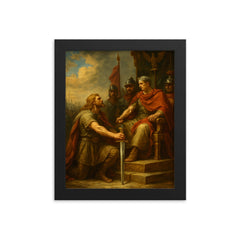 Vercingetorix surrendering arms before Caesar framed print on a plain backdrop in size 8"x10".
