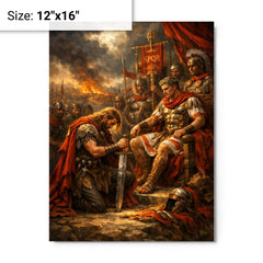 Vercingetorix surrendering arms before Caesar metal print on a plain backdrop in size 12"x16".