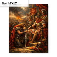 Vercingetorix surrendering arms before Caesar metal print on a plain backdrop in size 16"x20".