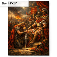Vercingetorix surrendering arms before Caesar metal print on a plain backdrop in size 18"x24".