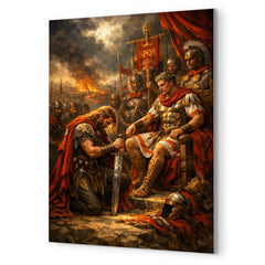Vercingetorix surrendering arms before Caesar metal print mockup