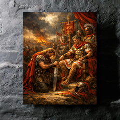 Vercingetorix surrendering arms before Caesar metal print mockup