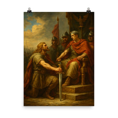 Vercingetorix surrendering arms before Caesar poster on a plain backdrop in size 8"x10".