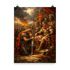 Vercingetorix surrendering arms before Caesar poster on a plain backdrop in size 8"x10".