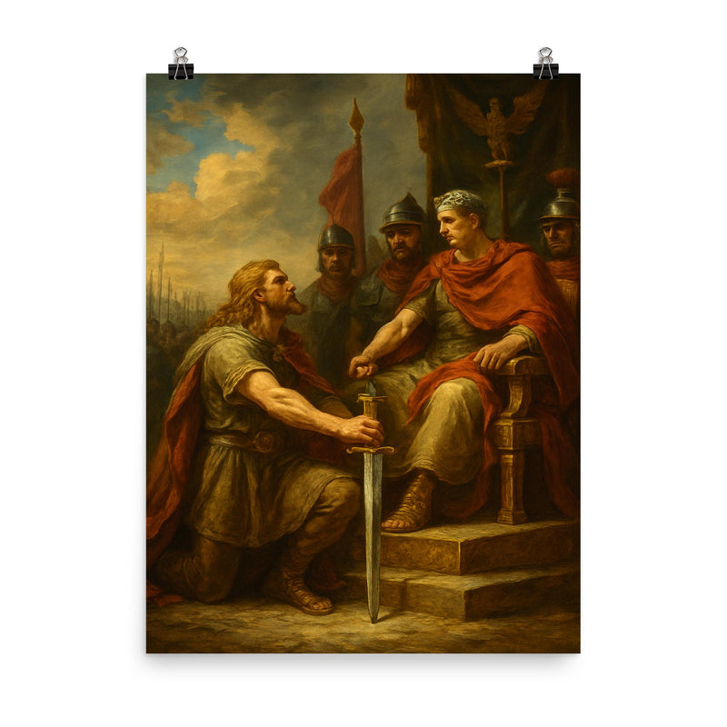 Vercingetorix surrendering arms before Caesar poster on a plain backdrop in size 8