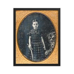 Victorian Girl Holding a Stick and Hoop - "Trundling a Hoop" Game framed print on a plain backdrop in size 16"x20".