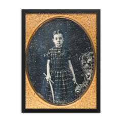 Victorian Girl Holding a Stick and Hoop - "Trundling a Hoop" Game framed print on a plain backdrop in size 18"x24".