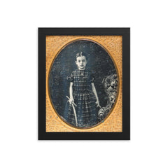 Victorian Girl Holding a Stick and Hoop - "Trundling a Hoop" Game framed print on a plain backdrop in size 8"x10".