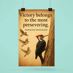victory belongs to the persevering napoleon bonaparte persistent woodpecker inspiring quote poster 6