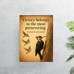 victory belongs to the persevering napoleon bonaparte persistent woodpecker inspiring quote poster 7
