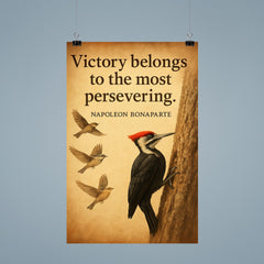 victory belongs to the persevering napoleon bonaparte persistent woodpecker inspiring quote poster 9