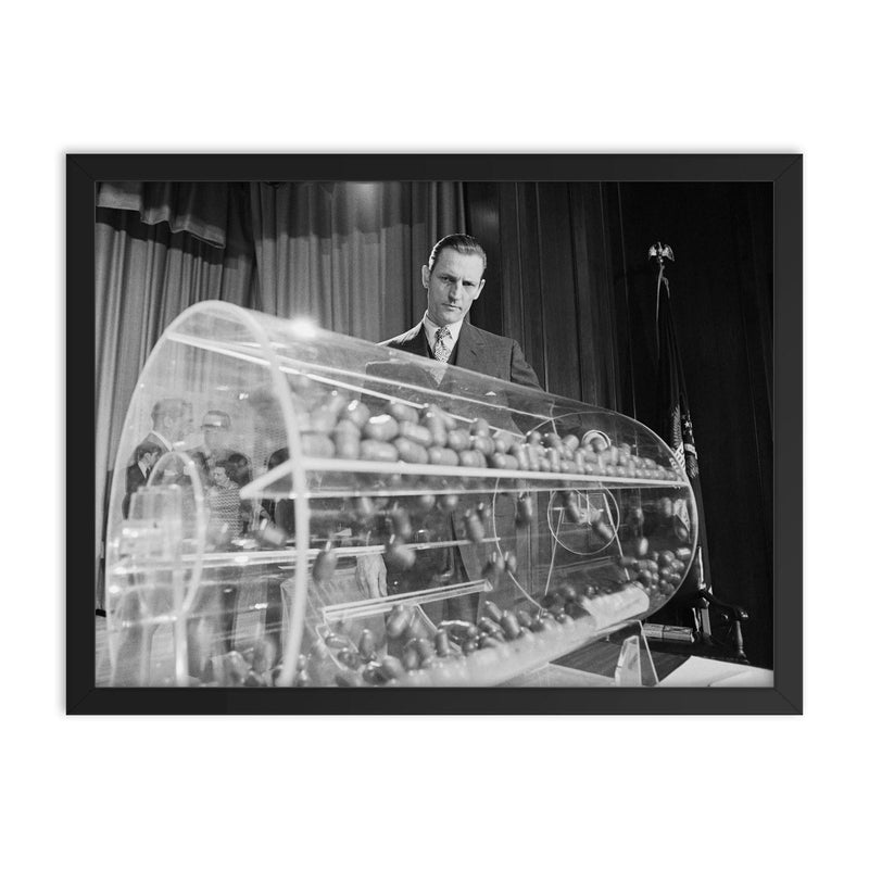 Vietnam Draft Lottery Capsules, Washington D C  1969 framed print on a plain backdrop in size 18