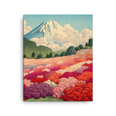 View of an Azalea Garden and Mount Fuji by Kawase Hasui, 1935 canvas print on a plain backdrop in size 16"x20".