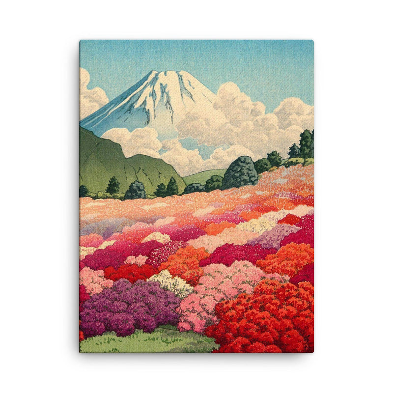 View of an Azalea Garden and Mount Fuji by Kawase Hasui, 1935 canvas print on a plain backdrop in size 18
