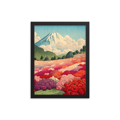 View of an Azalea Garden and Mount Fuji by Kawase Hasui, 1935 framed print on a plain backdrop in size 12"x16".