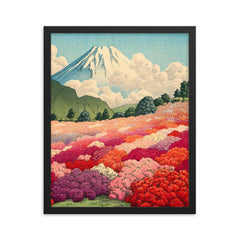 View of an Azalea Garden and Mount Fuji by Kawase Hasui, 1935 framed print on a plain backdrop in size 16"x20".
