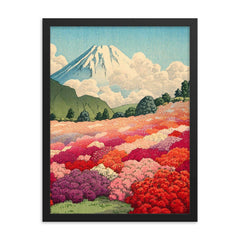 View of an Azalea Garden and Mount Fuji by Kawase Hasui, 1935 framed print on a plain backdrop in size 18"x24".