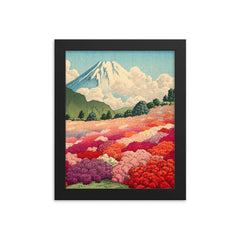 View of an Azalea Garden and Mount Fuji by Kawase Hasui, 1935 framed print on a plain backdrop in size 8"x10".