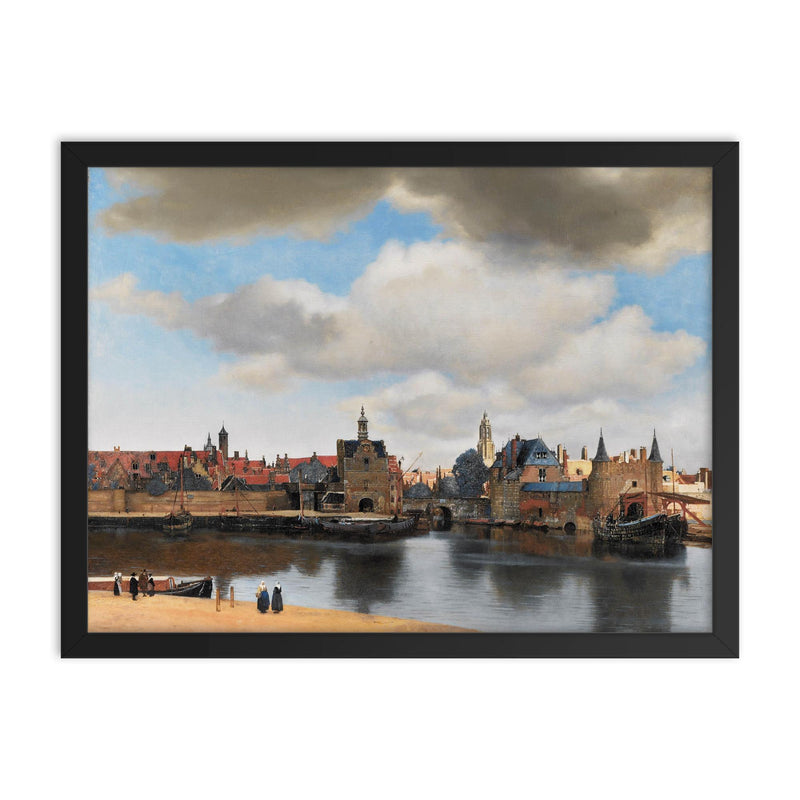 View of Delft by Johannes Vermeer framed print on a plain backdrop in size 18