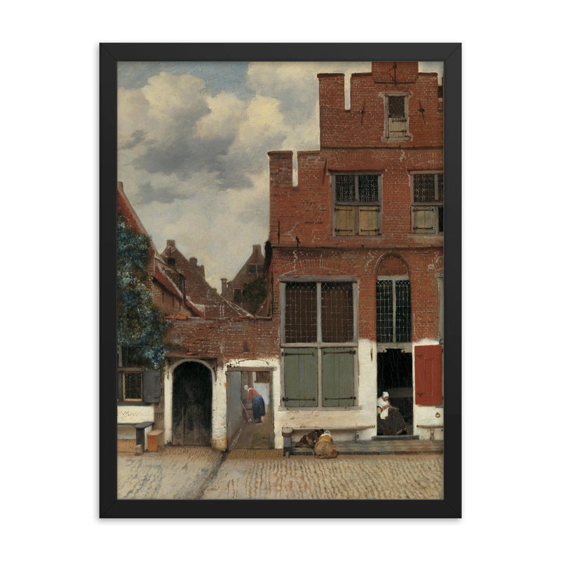 View of Houses in Delft, Known as The Little Street by Johannes Vermeer, c 1658 framed print on a plain backdrop in size 18